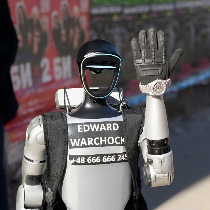 Edward Warchocki raising a gloved hand in a wave, a diamond-set Rolex on his wrist, his name and phone number printed across his vest